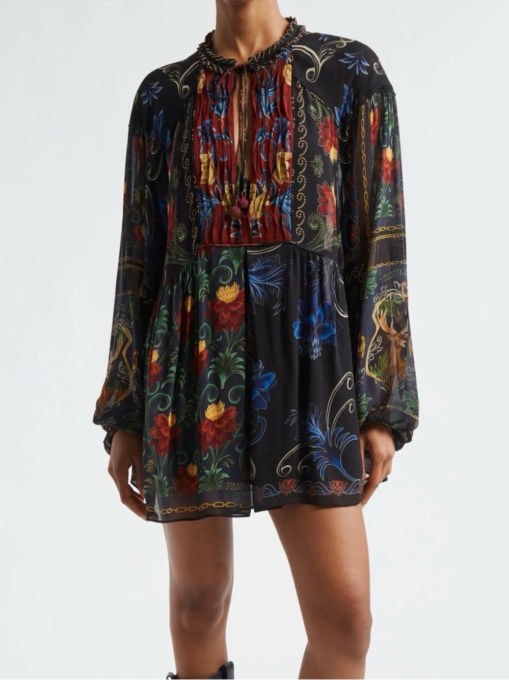 FARM Rio Mixed Arabesque Scarves Mini Dress M Floral Lace Up Long Sleeve